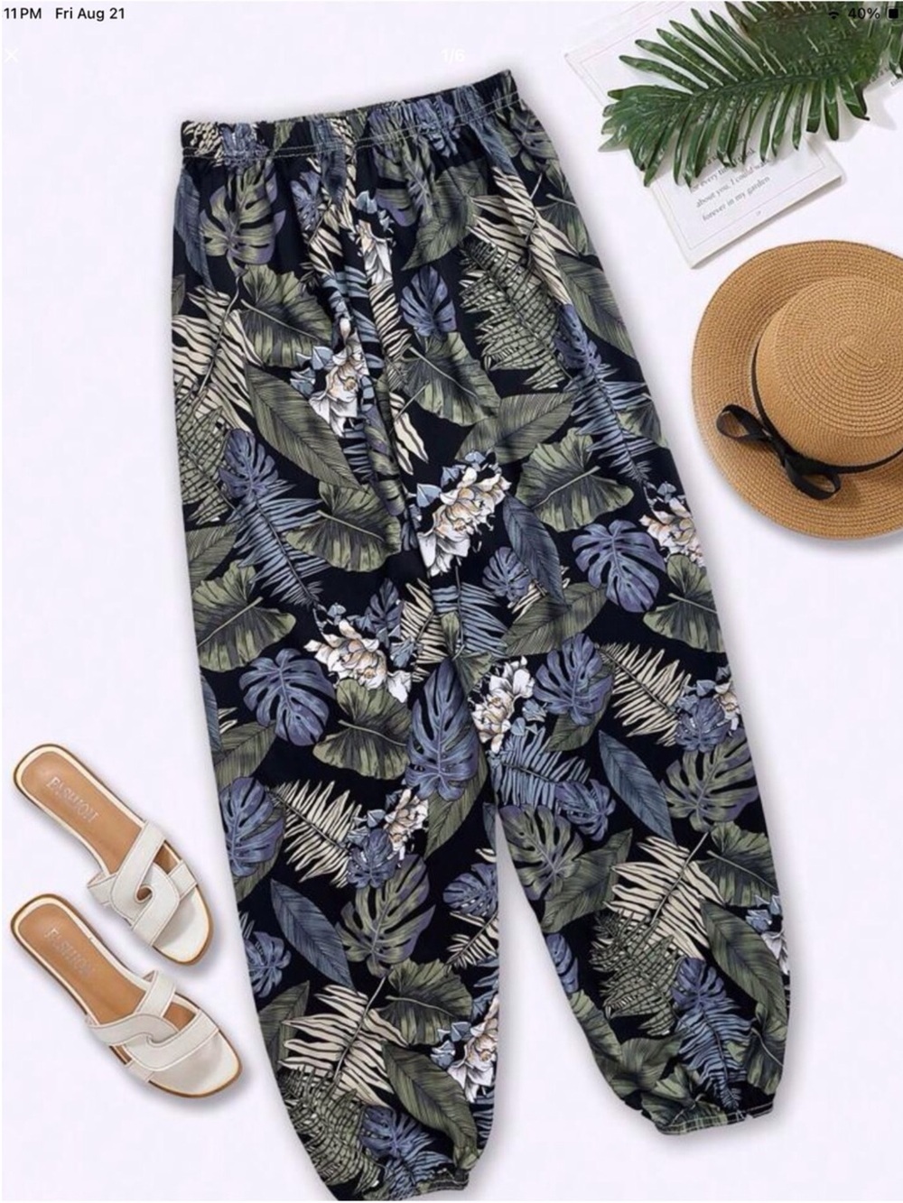 Tropical Print Elastic-Waist Jogger Pants - Black/Green XL ladies